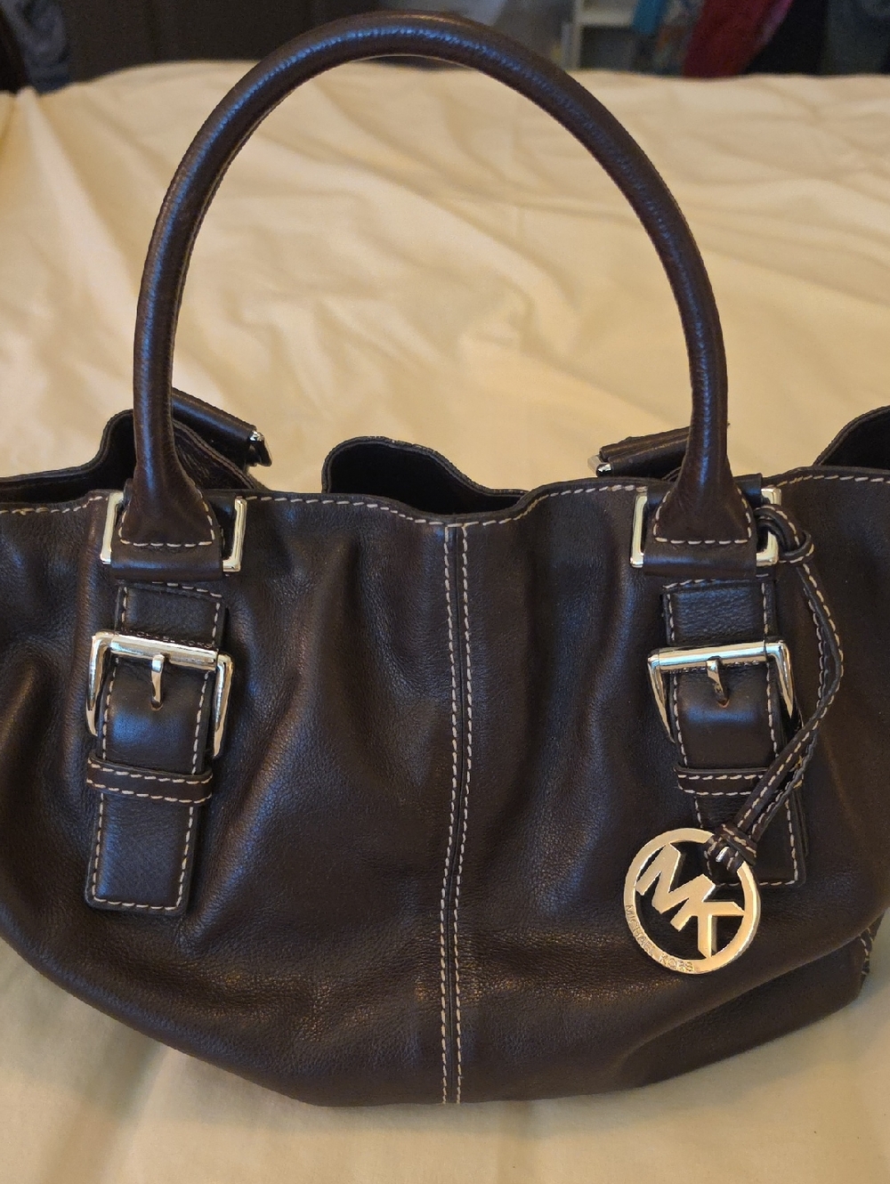 Michael Kors Dark Brown Leather Shoulder Bag with MK Charm